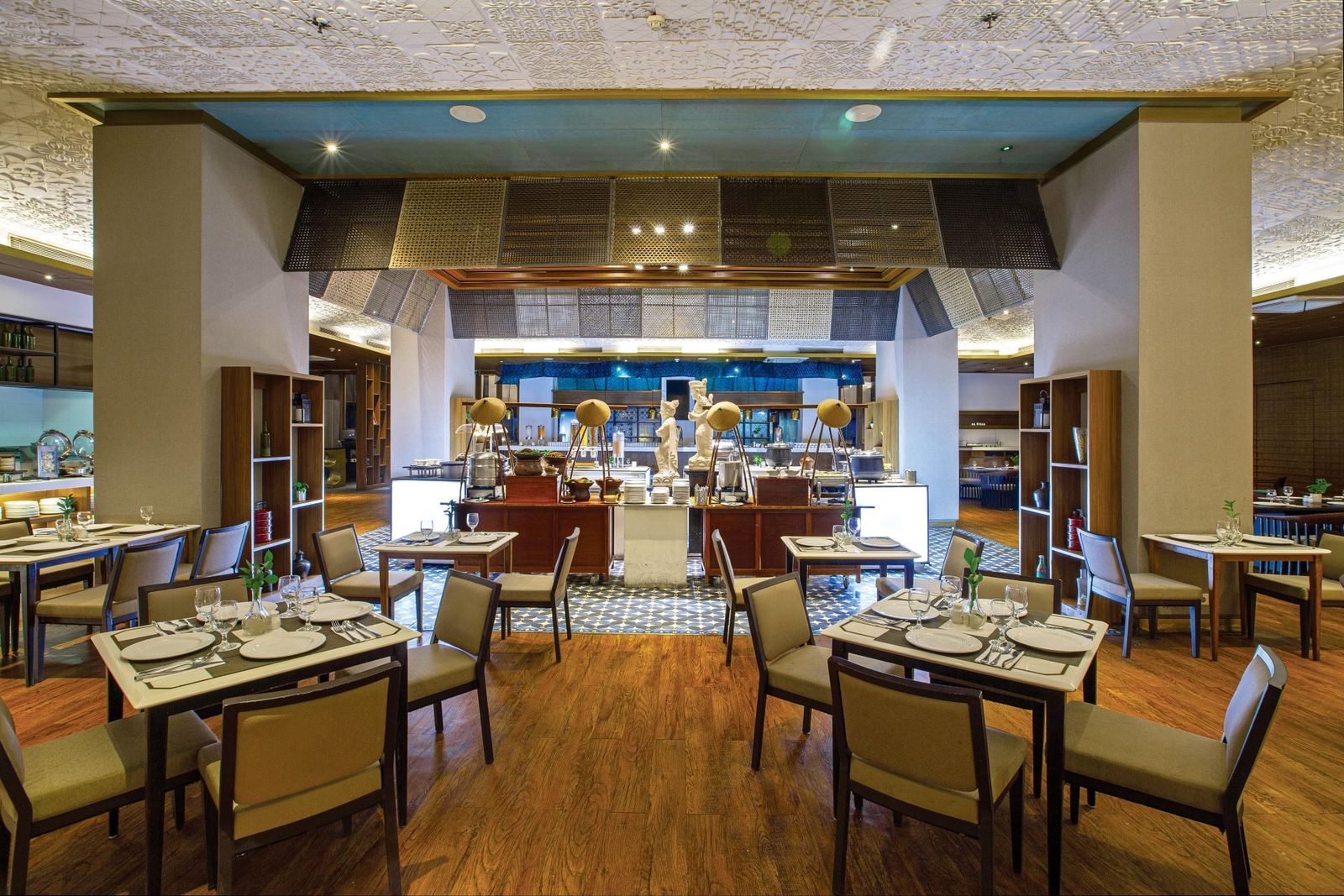 The dining room laid for dinner